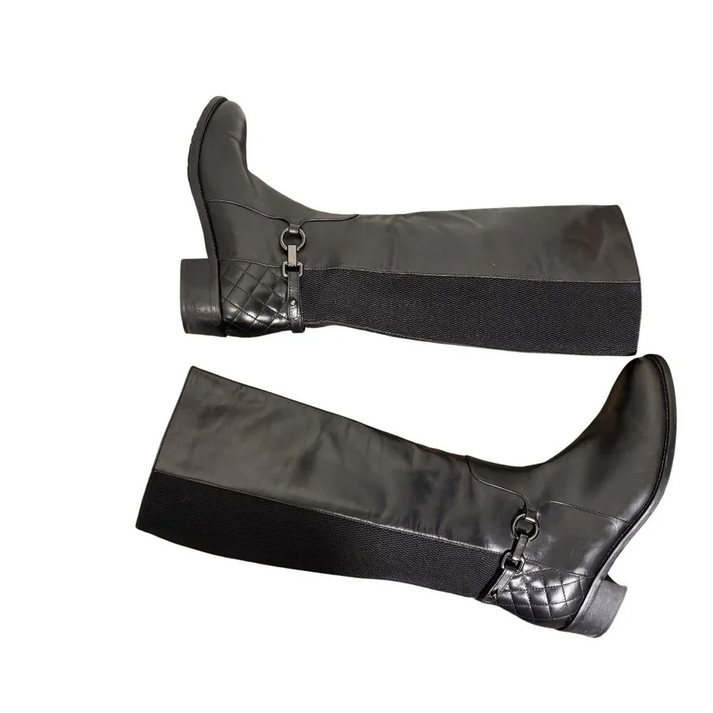 Aquatalia Oralie Equestrian Knee High Boot 8 Black Leather Side Zip Quilted - Picture 3 of 15